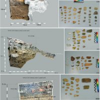 Archeologické vyhodnocení reliktů intravilánu středověkého hornického města Lauterbach/Čistá | Obr. 13. Podstatná zjištění z výzkumu 2015, profily a movité nálezy ze sond 1, 2 a 3. Byla zachycena výrazná příměs keramiky vrcholně a pozdně středověké tradice v mladších horizontech. Ve vrstvě 3006 zachycen také fragment kachle, pravděpodobně ze 14. století (největší fragment, vpravo nahoře). Podrobněji v textu. (Autor: Filip Prekop, 2015)