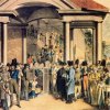 Karlovy Vary - kolonáda Nového pramene | společnost u Nového pramene v portiku nové Giesselovy kolonády na kolorovaném leptu J. E. Opitze z roku 1812 
