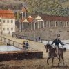 Karlovy Vary - Mlýnské lázně | budova Mlýnských lázní s kolonádou Nového pramene na Meyerově kolorovaném ocelorytu z doby před rokem 1823