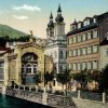 Karlovy Vary - litinová Vřídelní kolonáda | Vřídelní kolonáda na kolorované pohlednici před rokem 1939