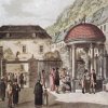 Karlovy Vary - Vřídlo | nový kruhový altán nad vývěrem Vřídla na kolorovaném leptu Karla Postla podle rytiny Antona Puchnera z roku 1808