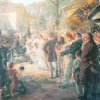 Karlovy Vary - Poštovní dvůr | společnost u Poštovního dvora na malbě z poloviny 19. století