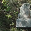 Skoky - kamenný kříž | poničená horní část rozvaleného podstavce kříže s věnovacím nápisem - září 2015