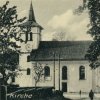 Louka - kostel sv. Václava | farní kostel sv. Václava od jihu na výřezu z historické pohlednice vsi Louka z roku 1940