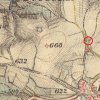 Lažany - kamenný kříž | kamenný kříž na rozcestí u vsi Lažany na výřezu mapy 3. vojenského františko-josefského mapování z roku 1879
