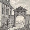 Toužim - kostel sv. Martina | městská brána u hřbitovního kostela sv. Martina na historické rytině z roku 1833