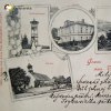 Tocov (Totzau) | kolážní pohlednice vsi Tocov z roku 1900 s celkovým pohledem, Kudlichovou rozhlednou, farním kostelem a školou
