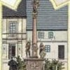Doupov - sloup se sochou Panny Marie | mariánský sloup na náměstí na výřezu pohlednice z doby kolem roku 1900