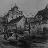 Doupov (Duppau) | ulice Herrengasse s kostelem sv. Alžběty v Doupově na kresbě A. Lewyho z roku 1896