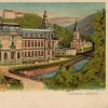 Karlovy Vary - evangelický kostel sv. Petra a Pavla | kostel za budovou Císařských lázní na pohlednici z roku 1899