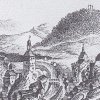 Karlovy Vary (Karlsbad) | pozdně gotický kostel sv. Ondřeje (vpravo) na výřezu historické veduty města Karlovy Vary z doby před rokem 1759