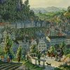 Karlovy Vary - kaplička sv. Vavřince | kaplička sv. Vavřince (vlevo) na výřezu z kolorované mědirytiny města Vincenza Morstadta z doby kolem roku 1840