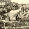 Karlovy Vary - stará radnice | renesanční radnice na Tržišti na výřezu veduty Karlových Varů od Matthaeuse Meriana z první poloviny 17. století