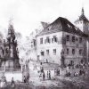 Karlovy Vary - stará radnice | radnice s morovým sloupem na kresbě kolem roku 1847