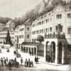 Karlovy Vary - Tržní kolonáda | Tržiště na litografii od C. Waageho z poloviny 19. století