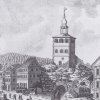 Karlovy Vary - hrad (Zámecká věž) | Zámecká věž nad Tržištěm na rytině z doby před rokem 1790