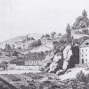 Karlovy Vary - špitál sv. Bernarda | budova nového cizinického špitálu pod Bernardovou skálou vpravo na rytině E. G. Buquoye z doby po roce 1810