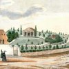 Karlovy Vary - starý židovský špitál | první židovský špitál v Helenen Strasse s původní židovskou synagogou na zahradě na kresbě z poloviny 19. století