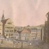Karlovy Vary - Zámecká kolonáda | stará Zámecká kolonáda Josefa Esche na kolorovaném leptu od malíře Leopolda Platzera z doby kolem roku 1840