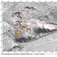 Hradiště Tašovice | Obr.8b: Vizualizace dochovaných archeologických hodnot a minulých odborných aktivit v digitálním modelu reliéfu, dle dat leteckého laserového snímkování (ČÚZK, F. Prekop)